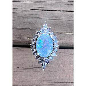 Sterling Silver 925 Opal Halo Ring Iolite Gemstone Statement Size 9